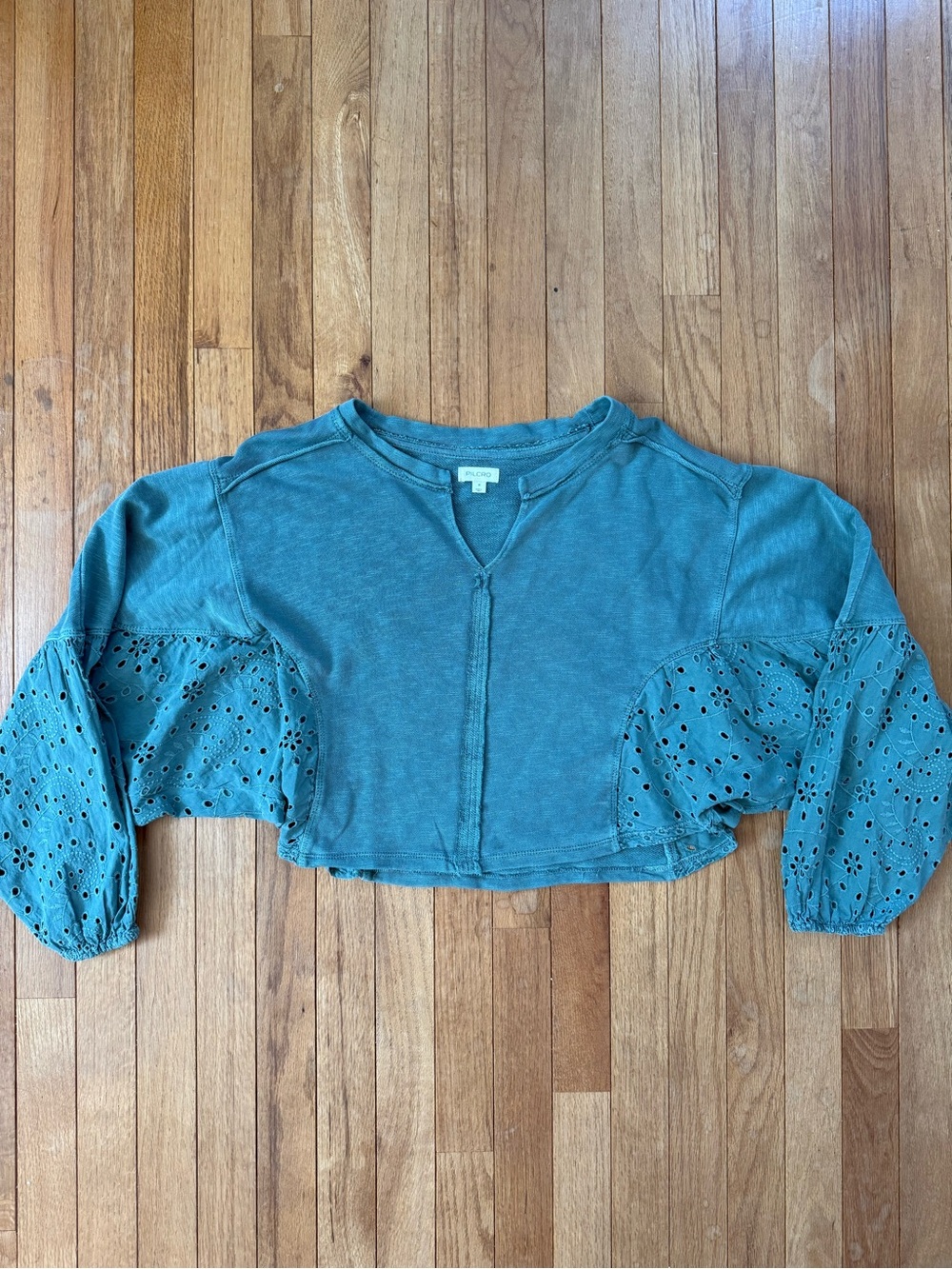 Pilcro by Anthropology Green Eyelet-Sleeve Cropped Top